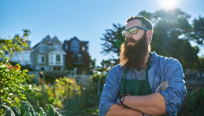 proud gardener with beard looking at his crops in urban communal garden