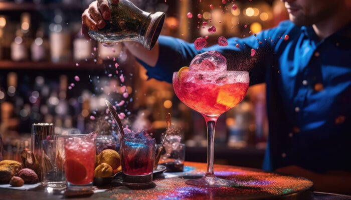Man working in a bar preparing several colorful cocktails. Concept of soft drinks and hospitality. Image created with AI